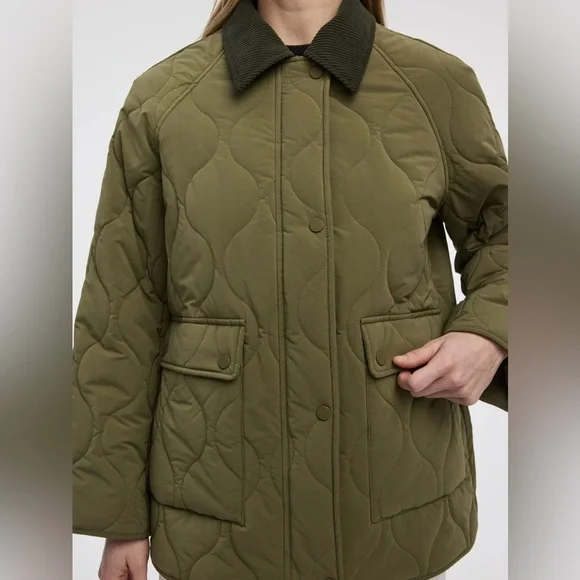 REITMANS Olive Green Quilted Puffer Jacket with Dark Corduroy Collar - Picture 3 of 4